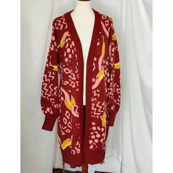 FARM Rio Cardigan L Toucanissimo Belted Longline Red Burgundy Cozy - Picture 11 of 13
